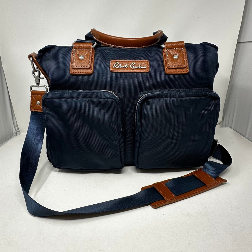 Robert Graham Jetsetter Bag Carry-On Blue Nylon Brown Leather Trim Travel EUC
